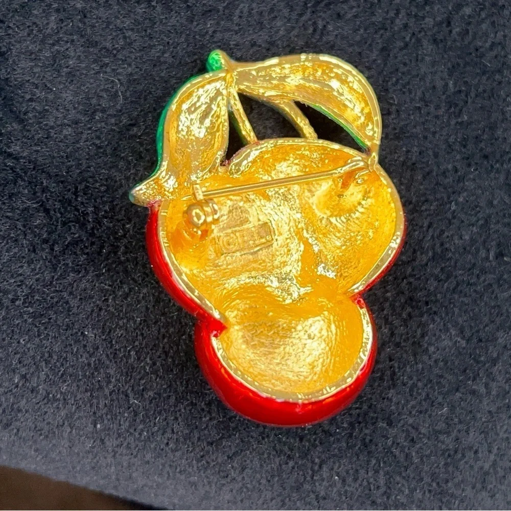 Vintage Cherry Enamel Metal Brooch Pinup Retro Red Green Colorful  Rockabilly